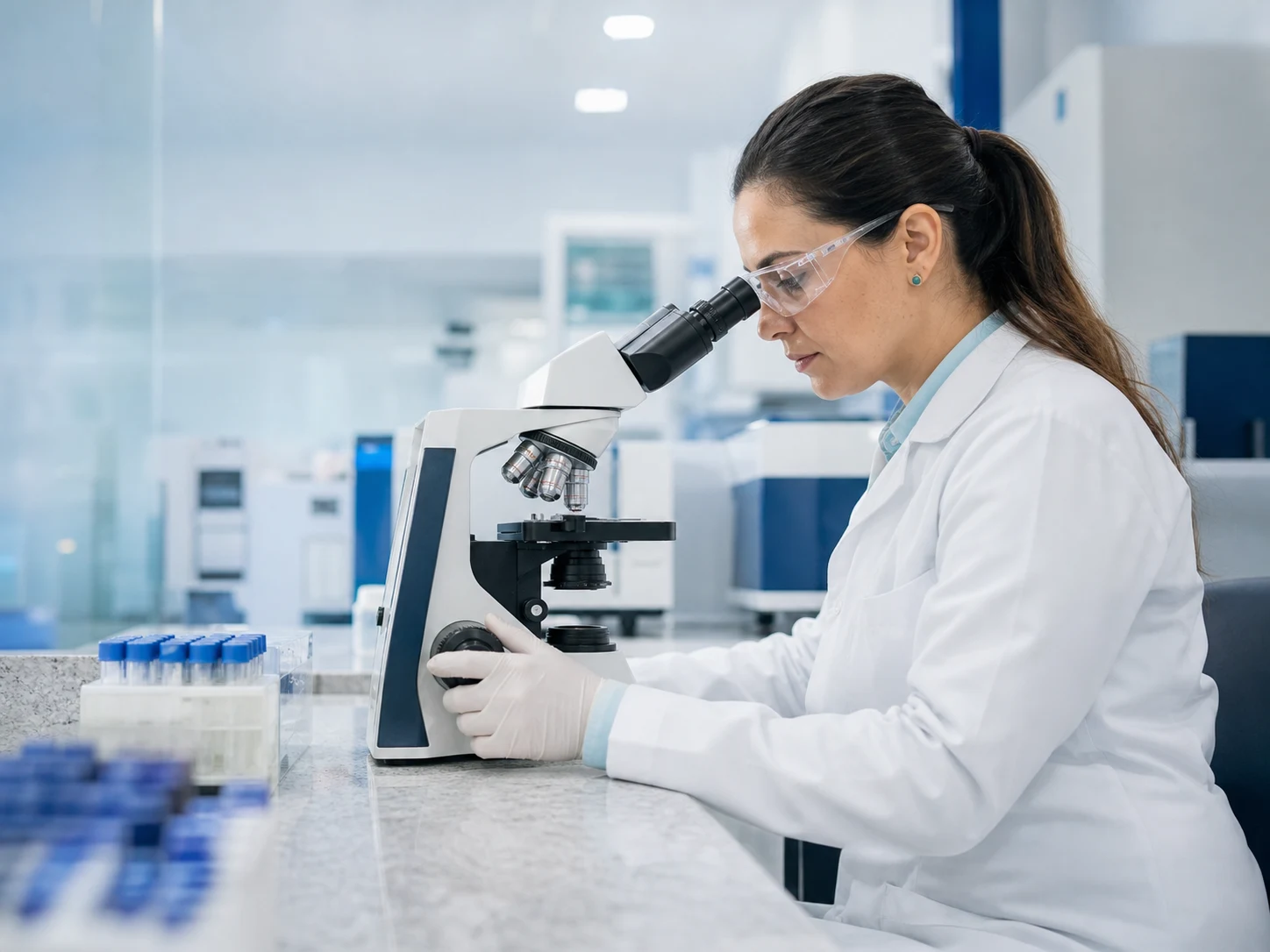 Analista da área técnica utilizando microscópio em laboratório clínico